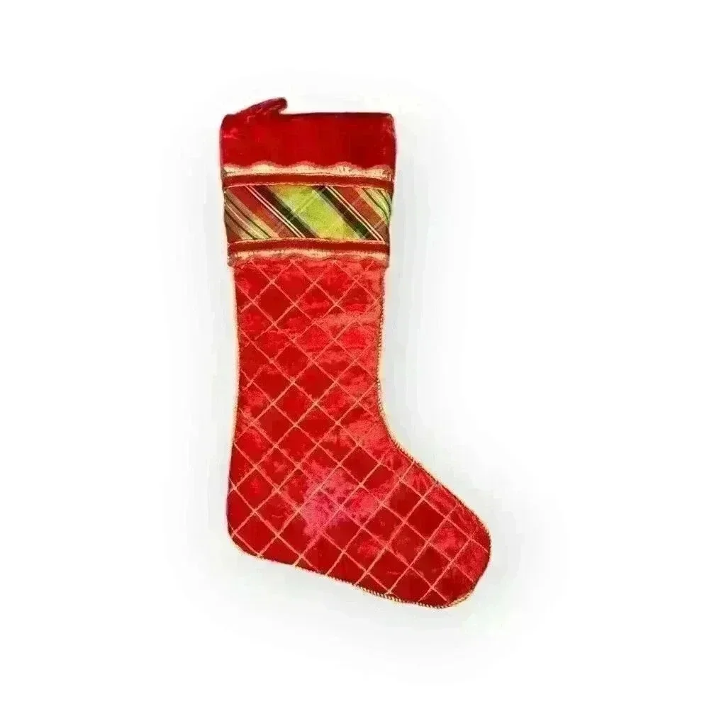 Red Velvet Diamond Quilted Gold Embroidered Plaid Christmas Stocking 23" Holiday - Picture 1 of 4